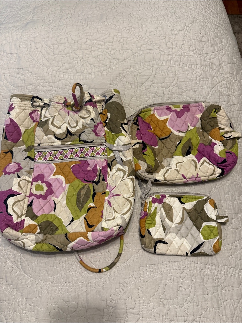 Vera Bradley Quilted Floral Backpack in Pink, Green and Tan